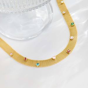 Collier ras du cou en maille d'acier inoxydable plaqué or 18 carats avec zircon - Design vintage multicolore pour femme, 37 cm, polyvalent, mode, soirée - Product Image 5