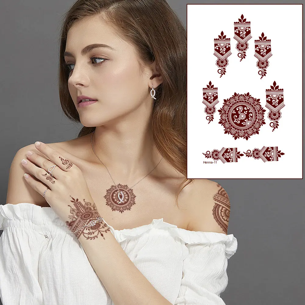 Adesivo de tatuagem de henna temporária de beleza para amostras grátis, adesivo de desenho Mehndi, adesivo de tatuagem de henna marrom personalizado