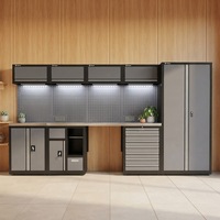 Ensemble de rangement personnalisable 10 pièces pour garage avec îlot de travail autoportant, doubles armoires et panneau perforé LED