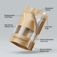 Bolsa de papel kraft biodegradable de calidad alimentaria con ventana transparente y cierre hermético compostable para envasar café, té y frutos secos