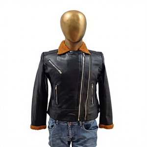 Women's Black Dyed Sheep Skin Leather <b>Biker</b> <b>Jacket</b> with Brown Artificial Fur Collar Cuffs Asymmetric Zip Fully Lined <b>Jacket</b> - Product Image 1