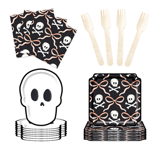 DAMAI Nouvel ensemble de vaisselle d'Halloween avec motif de crâne, comprenant des assiettes et des gobelets en papier jetables pour les fournitures de fête d'Halloween - Product Image 4