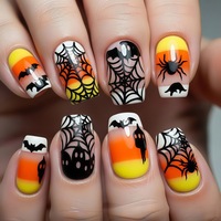 Offre Spéciale – Faux Ongles à Coller Noirs Mats pour Halloween, Forme Cercueil Moyenne, Motif Citrouille Orange et Fantôme, Finition Velours, 24 Pièces