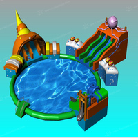 Parc aquatique gonflable commercial avec toboggan et piscine, conception au sol personnalisée pour enfants et adultes, diamètre 10m, capacité 500-1000kg