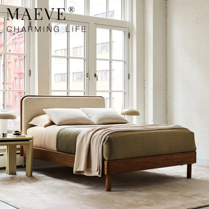 Vintage Mid Century Solid Wood Bed <strong>King</strong> Queen Size Wooden Beds Upholstered <strong>Headboard</strong> Rounded Edge Solid Wood Double Bed Frame - Product Image 1