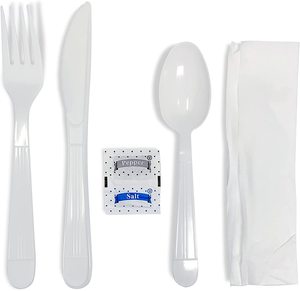 Heavy duty plastic knives forks spoons flatware set wrapped with napkin pockets tableware spoon set
