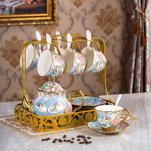 Set da Tè e Caffè in Ceramica di Lusso Stile Europeo Vintage con Motivi Floreali, Vassoio Sospeso e Teiera - Product Image 1