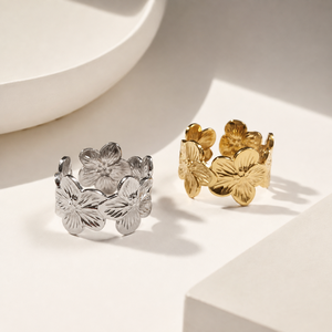 Blossom Stainless Steel <b>Adjustable</b> <b>Ring</b> 14K Gold Vacuum Plated Wide Floral Band Gold and <b>Silver</b> Colors - Product Image 1