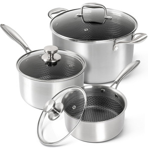 Juego de Utensilios de Cocina de Acero Inoxidable de Tres Capas, 3 Piezas Antiadherentes con Tapa de Vidrio, Aptos para Horno, Solo Lavar a Mano - Product Image 1