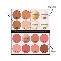 Palette de fard à joues, de contour et d'enlumineur 3 en 1, 16 couleurs, marque privée, haute pigmentation, longue tenue, logo personnalisé, vente en gros, cosmétiques pour le visage