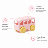 Jouet de dentition et de poussée pour bébé en silicone personnalisé, en forme de bus, sans BPA, sensoriel, avec picots tactiles en silicone, voiture de poussée souple pour soulagement des bébés 3M+