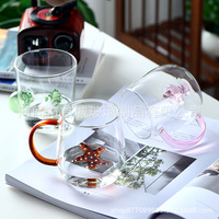 Vente en gros de gobelets à boire en verre transparent à poignée animale mignonne, à paroi simple, avec poignée colorée, cadeau créatif, vaisselle pour la maison