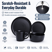 Service de table 4 pièces en grès céramique noir mat de luxe – Moderne, compatible four et lave-vaisselle, résistant à la chaleur