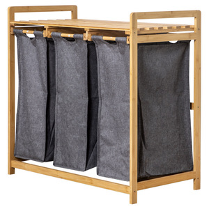 Clothing Organizer Bamboo Frame Gray Three Bin <b>Laundry</b> Sorter For Bathroom Bedroom <b>Standing</b> Type Rectangle Shape - Product Image 5