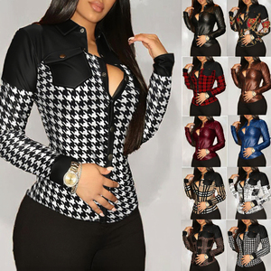 Camisa de Cuero PU con Cuello en V y Manga Larga para Mujer, Estilo Casual, Ajustada, con Bolsillo con Botones, Estampado a Cuadros, Nueva Colección de Otoño, Gran Venta - Product Image 3