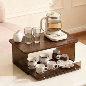 Coffee <b>Storage</b> Rack 2 Tier Wood With Glass Tray For Living Room Tableware Organization - Product Image 4