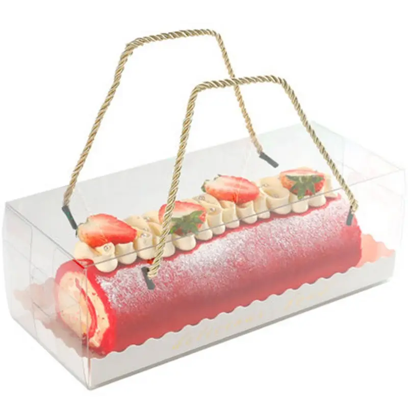Caja de pastel transparente con asa Cupcake plástico transparente suizo portátil PET embalaje caja de regalo rollo de plástico largo pastel rollo embalaje