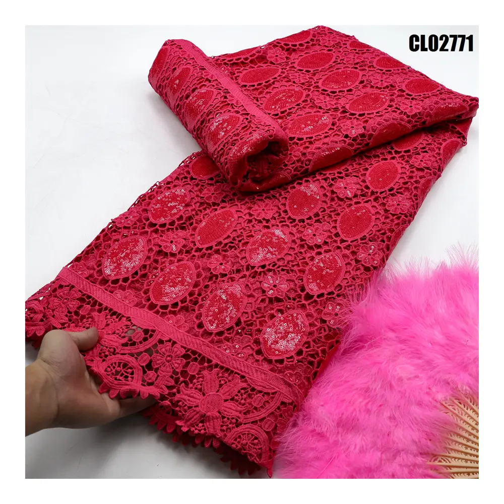 Tissu en dentelle guipure africaine, magnifique, couleur pure, avec paillettes, pour robe pour femmes, 2019