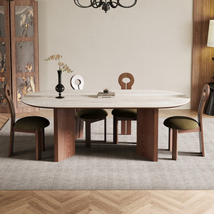 Ensemble table et chaises ovales en travertin, 6 pièces, meubles de salle à manger en bois de noyer massif, structure durable en cadre rigide - Product Image 3
