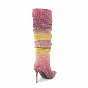 Winter Fashion Women Sexy Pencil High Heel Wide Calf <strong>Boots</strong> <strong>Sparkly</strong> Full Diamond Lady Gradient Satin Fabric Knee High <strong>Boots</strong> - Product Image 3