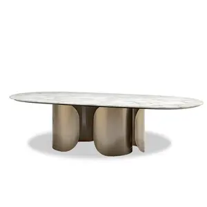 Luxury Design Stainless Steel Table Leg modrest Dining Room Furniture Turntable Dining Table Marble with Brushed Brass Color