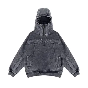 500gsm Vintage High Weight Custom Ninja Mask Oversized Acid Wash Distressed Embroidery Snow Washed Zip Up Hoodie