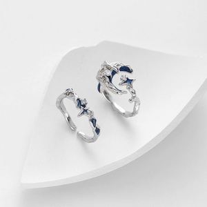 Anillo de Acero Inoxidable Y2K Irregular con Banda de Luna Azul y Estrella, Anillo Abierto Ajustable con Gota de Aceite, Joyería de Boda - Product Image 3