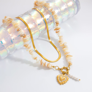 Collier en acier inoxydable avec pendentif cœur en pierre naturelle et perle, plaqué or 18 carats, chaîne de clavicule, bijoux de mode pour femmes - Product Image 4