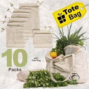 Sac à provisions en filet réutilisable Sac d'épicerie en maille Sacs fourre-tout en coton biologique avec poignée courte Sac à main avec cordon recyclable - Product Image 5