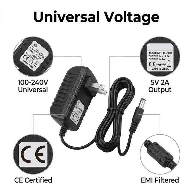 Universal 240V AC DC Power Adapter 5V 2A 3A CE Certified EMI Filtered Switching Power Supply with US Plug DC Barrel Connector