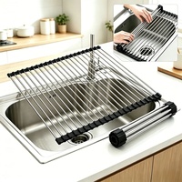 Égouttoir à vaisselle pliable moderne en acier inoxydable 304/201 OEM avec égouttoir en silicone, rangement de cuisine peu encombrant