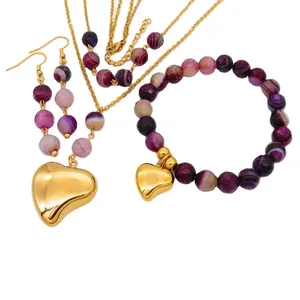 Powell Großhandel Modeschmuck 3 In 1 Perlen Armband Frauen Schmuck Set Charm Halskette Ohrring Natur Stein Schmuck Sets