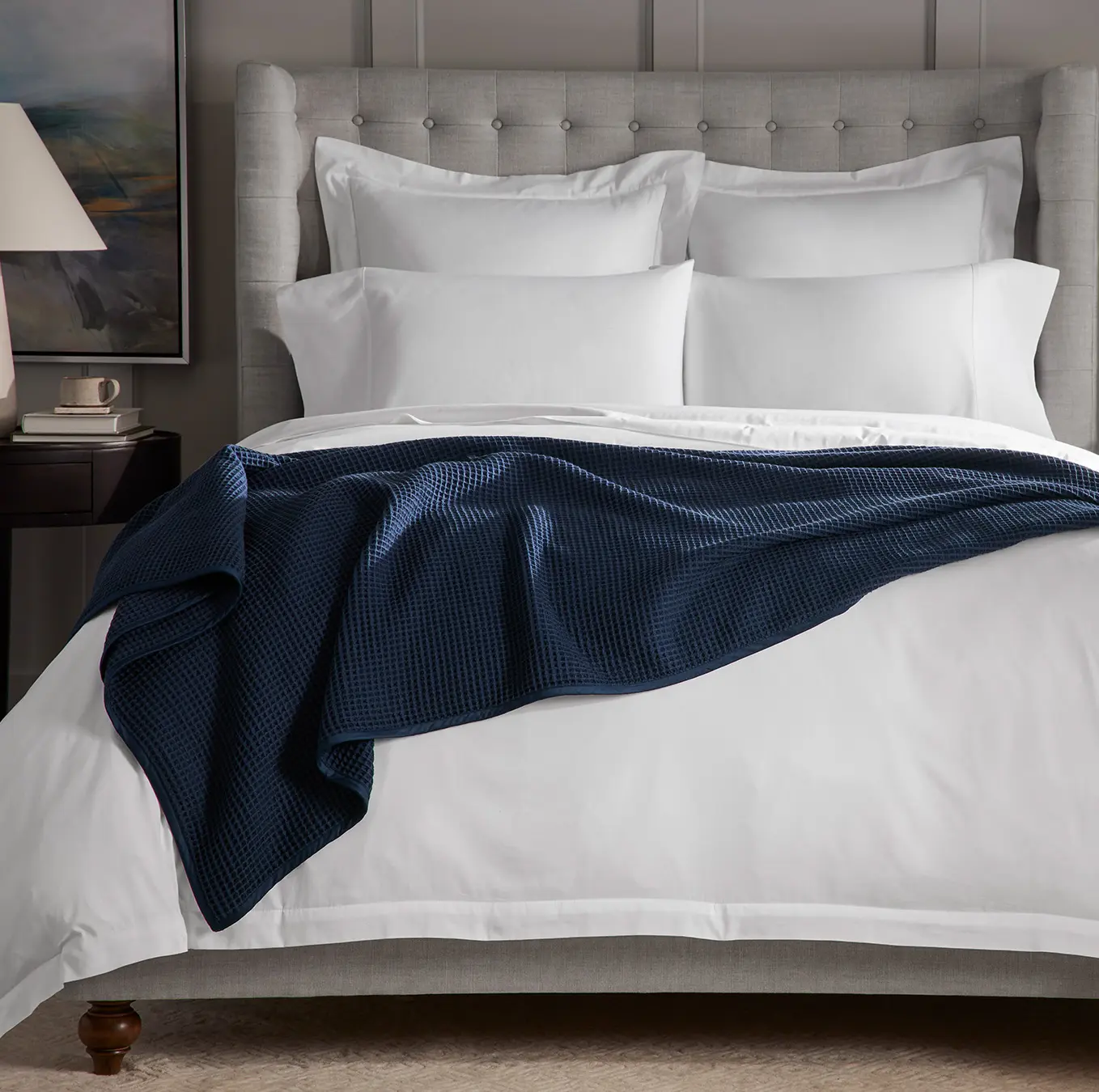 럭셔리 호텔 및 홈 침대 담요 열 와플 면 담요-사계절 와플 직조 침구, 네이비
