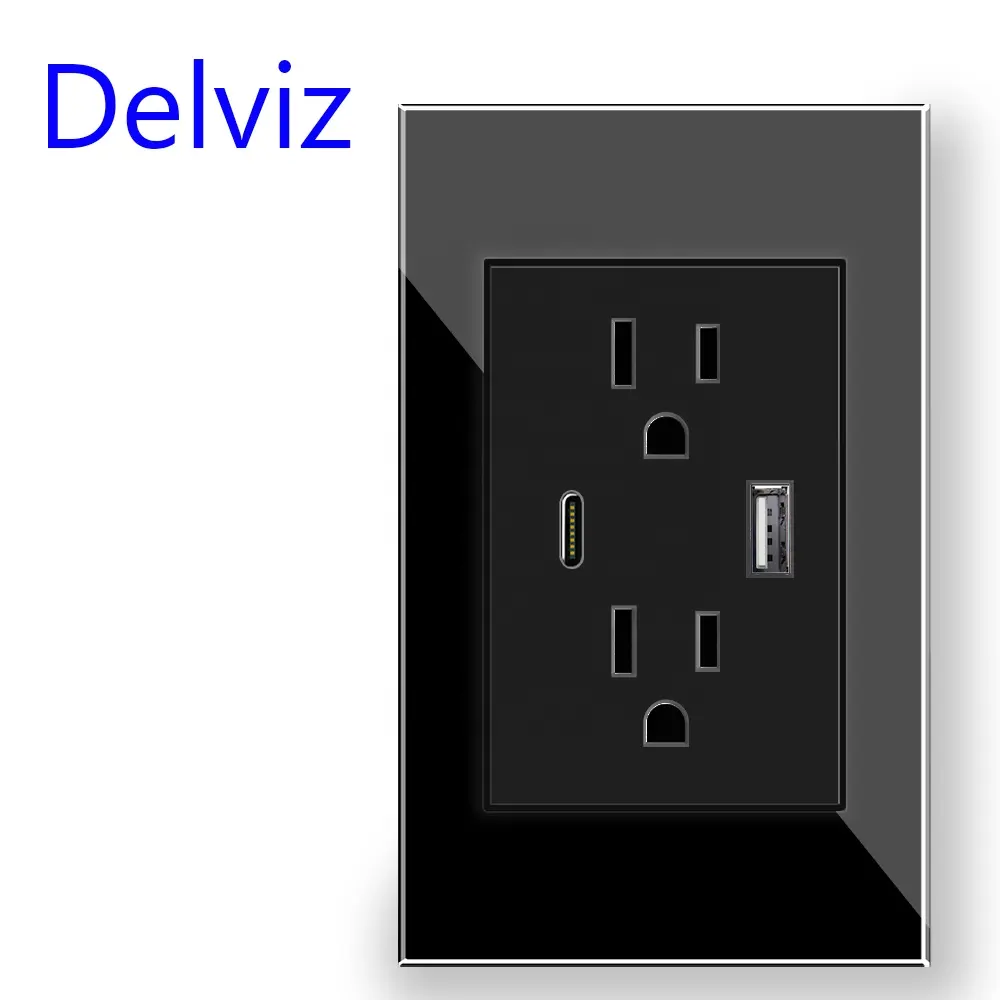 Delviz Tempered glass panel 120mm*72mm  USBA+USBC 5V 2A  16A Wall plug Electrical Outlet  US Standard Type-C USB Charging Socket