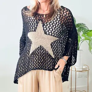 2024 Wholesale Chic Clothes Customized Women Summer white Black Star Graphic Crochet Knitted Summer Sweater Top