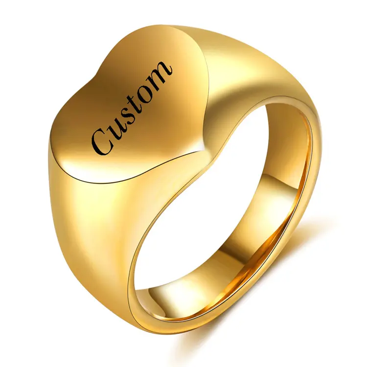 Trendy minimalist custom name engrave logo stainless steel gold plated heart signet ring women