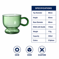 350ml Leichtgewichtige Farbige Durchscheinende Glas-Tasse mit Griff für Kaffee, Tee, Saft, Milch, Haushalt und Küche