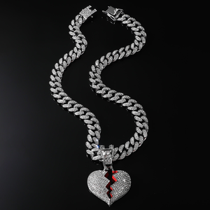 Collana a catena cubana da uomo con ciondolo con cuore spezzato con strass di diamanti Hip Hop - Product Image 4