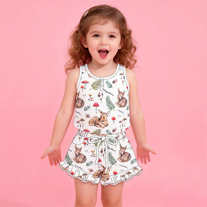 Pijamas de Verano para Bebés de Alta Calidad con Estampado Personalizado, Conjunto de 2 Piezas con Top con Volantes y <span class=keywords><strong>Tirantes</strong></span> para Niñas, Ropa de Dormir de Verano - Product Image 2