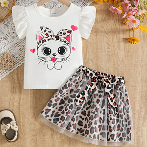 Ensemble haut à manches courtes à volants style coréen et jupe en maille imprimé léopard pour filles, multicolore, vente directe usine, faible MOQ - Product Image 2