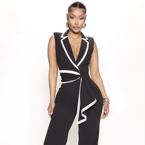 <span class=keywords><strong>Combinaison</strong></span> élégante pour <span class=keywords><strong>femme</strong></span> à col en V, sexy, avec bordure contrastante, sans manches, <span class=keywords><strong>pantalon</strong></span> large, avec ceinture, grandes tailles, tenue de bureau – Grande Vente - Product Image 4
