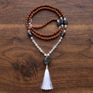 Collar Mala de Piedra Lunar Arcoíris, 108 Cuentas, Borla de Seda Anudada a Mano, Cuentas de Oración, Cristal Curativo Budista, Collar de Yoga Unisex - Product Image 1