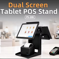 Soporte Metálico Doble para Tablets, Soporte POS para Dos Pantallas, Soporte Ajustable para Dos Tablets, Ancho Ajustable de 135-190 mm, Rotación de 90 Grados, Cable Oculto