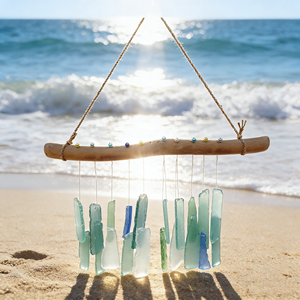 Drop-shipping Handmade <b>Sandblasted</b> Bohemian Modern Minimalist Sea Glass and Driftwood Wind Chime For Outside Garden Decor - Product Image 1