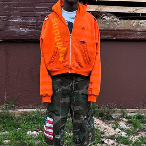 Vintage Distressed Hip Hop Orange Baggy Drop Shoulder Full Zip up Terry 100% Cotton Side <span class=keywords><strong>Kangaroo</strong></span> Pocket Oversized Hoodie Men - Product Image 2