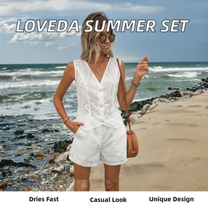Wholesale Fashion Women Summer Solid Color Casual Loose Ankle Polyester Daily Wear Hollow V-Neck Vest Button Shorts Set - Product Image 2