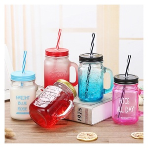 Venta directa de fábrica <span class=keywords><strong>Gallo</strong></span> Gradiente Bebida Taza de agua con tapa Mango de paja Vidrio Mason para té de la leche Calidad Drinkware - Product Image 4