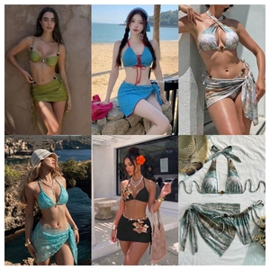 Hight Quality Halter Neck Print Stretch Swimwear With <b>Skirt</b> Bottom Ruffles Cut-Out Design Women 3 Piece <b>Bikini</b> <b>Set</b> - Product Image 2