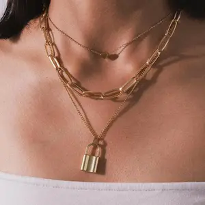 20399-5 Европейская и американская мода Панк Хип-хоп стиль увеличенная толстая цепь многослойный замок Персиковое ожерелье в форме сердца