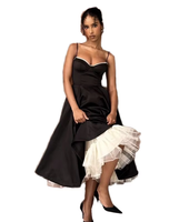Robe de bal noir bas col en V sangle découpée à volants dos longueur de plancher robes de soirée en satin